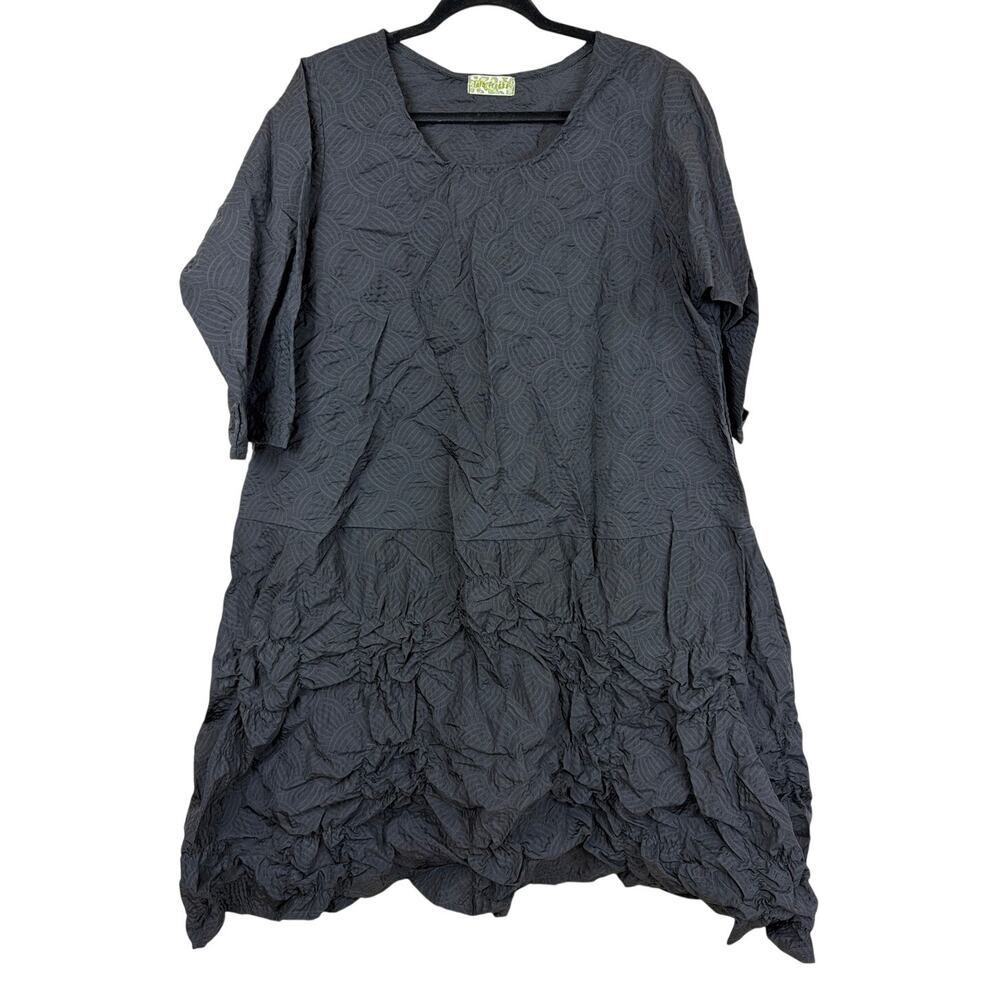 Vintage Lola Frocks Black Swirl Crinkle Fabric Scoop Neck Drop Waist Dress L XL